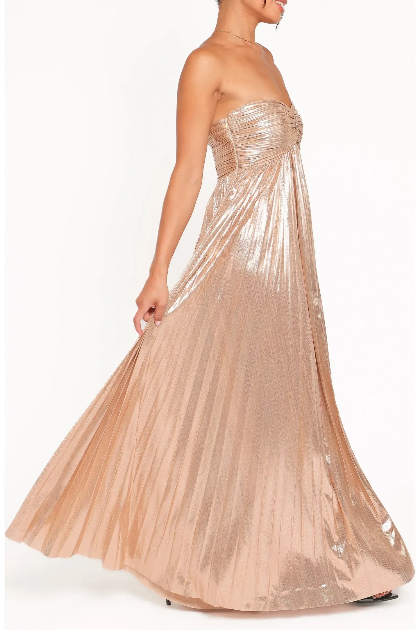 Metallic Maxi Strapless Twist Ruched Open Back Flowy Formal Dress