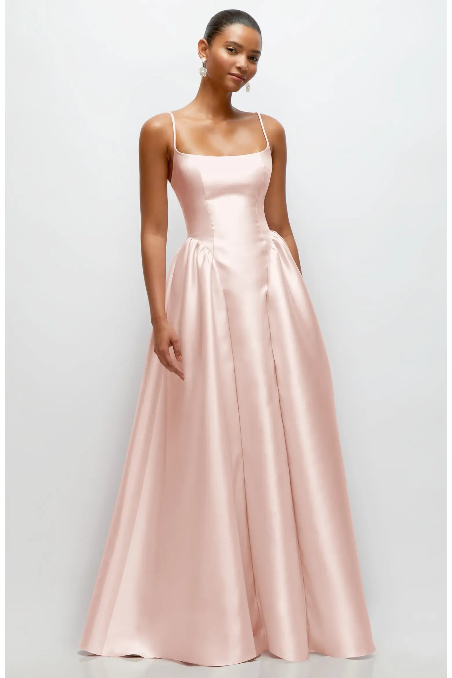 Minimalist Satin A-line Square Spaghetti Strap Zip Back Floor Length Long Prom Dress