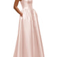 Minimalist Satin A-line Square Spaghetti Strap Zip Back Floor Length Long Prom Dress