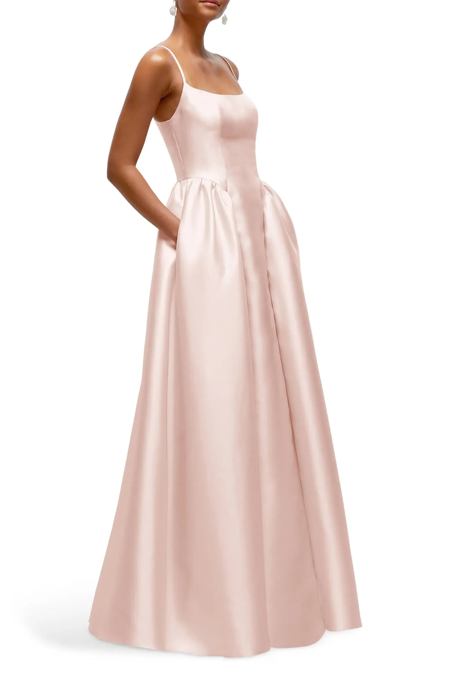 Minimalist Satin A-line Square Spaghetti Strap Zip Back Floor Length Long Prom Dress