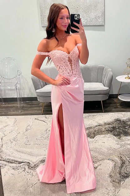 Off-The-Shoulder Sweetheart Lace Applique Sheer Corset Ruched Satin Mermaid High Slit Floor Length Prom Evening Gown
