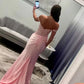 Off-The-Shoulder Sweetheart Lace Applique Sheer Corset Ruched Satin Mermaid High Slit Floor Length Prom Evening Gown