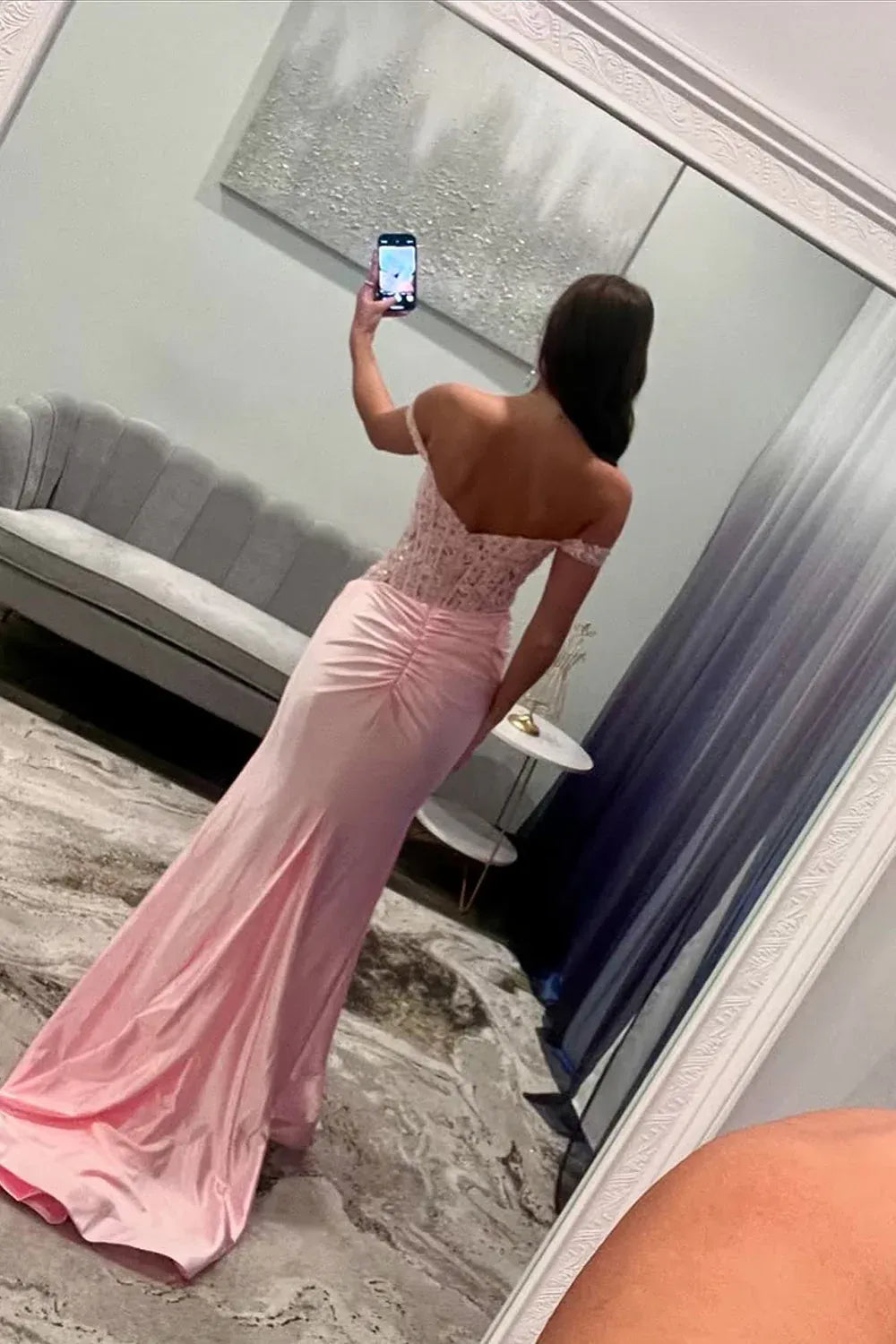 Off-The-Shoulder Sweetheart Lace Applique Sheer Corset Ruched Satin Mermaid High Slit Floor Length Prom Evening Gown