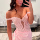 Off-The-Shoulder Sweetheart Lace Applique Sheer Corset Ruched Satin Mermaid High Slit Floor Length Prom Evening Gown