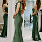 Olive Green Satin One Shoulder Mermaid Prom Dress with Ruffle Bow & Open Back