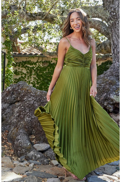 Pleated Satin A-line V Spaghetti Strap Zip Back Floor Length Long Prom Dress