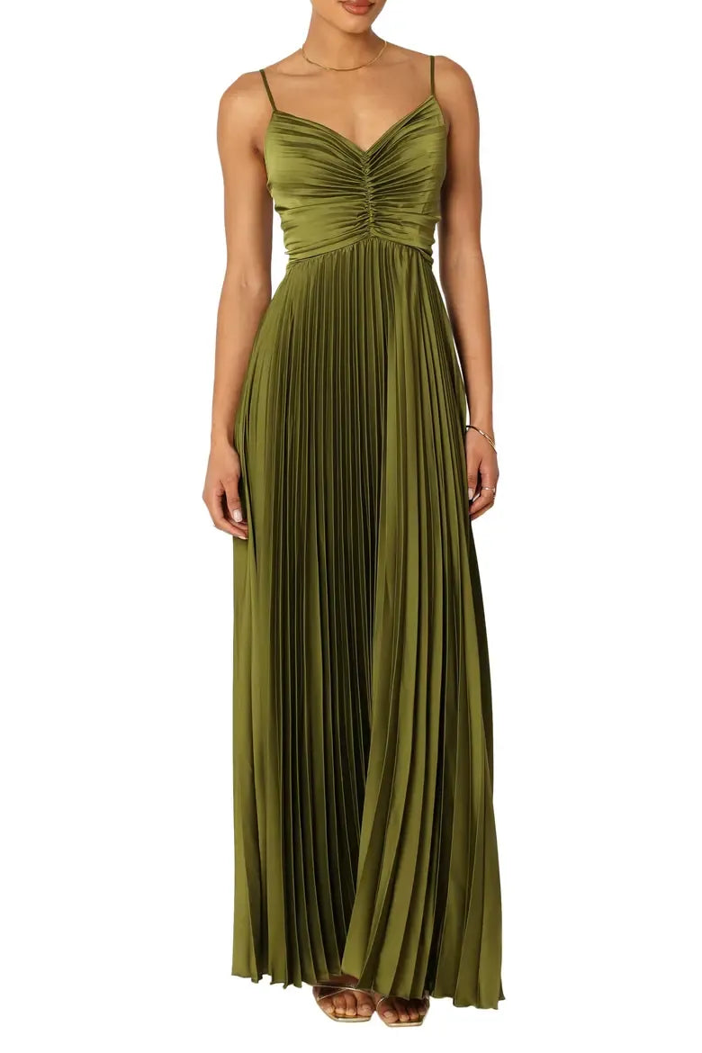 Pleated Satin A-line V Spaghetti Strap Zip Back Floor Length Long Prom Dress