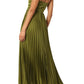 Pleated Satin A-line V Spaghetti Strap Zip Back Floor Length Long Prom Dress