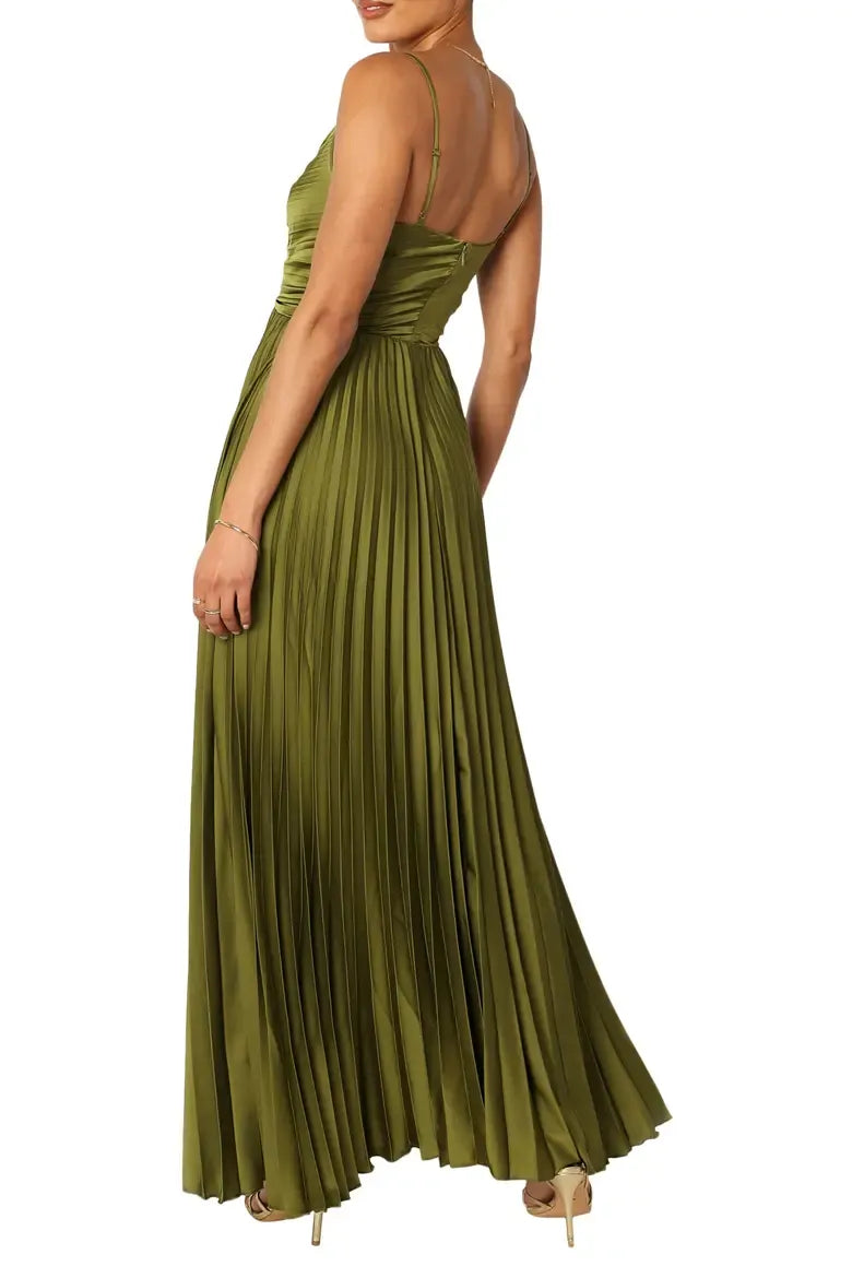 Pleated Satin A-line V Spaghetti Strap Zip Back Floor Length Long Prom Dress