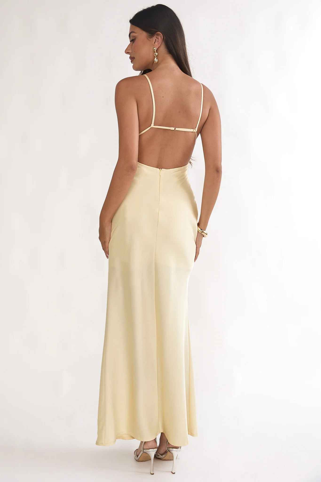 Glamorous Plunge-Neck Spaghetti Strap Sequin Satin Maxi Open-Back Formal Wedding Guest Dress