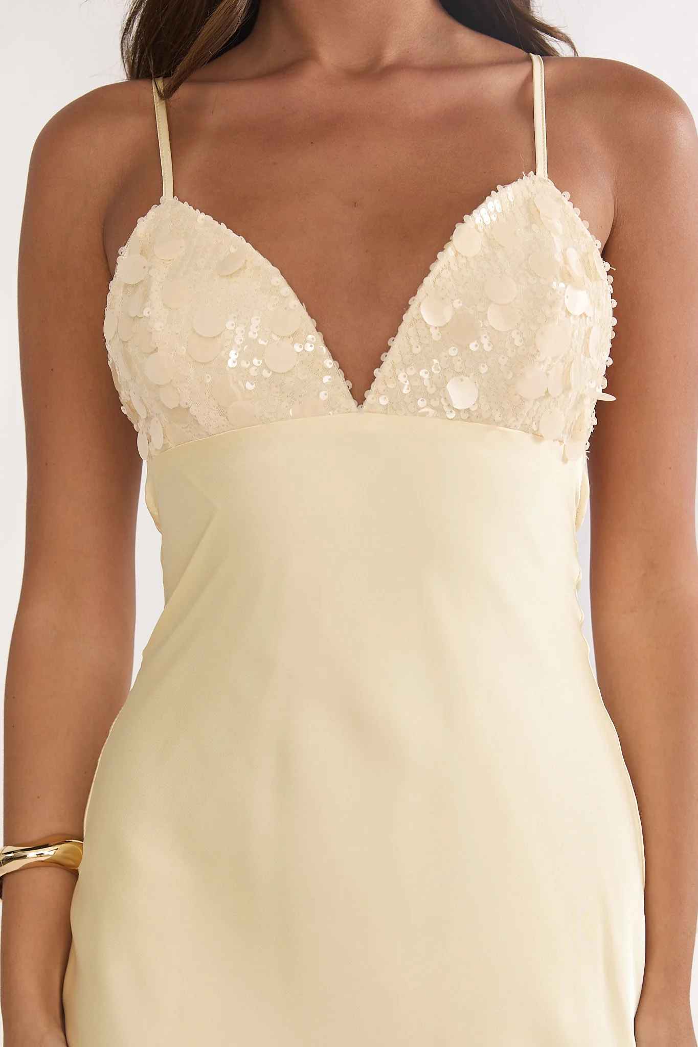 Glamorous Plunge-Neck Spaghetti Strap Sequin Satin Maxi Open-Back Formal Wedding Guest Dress