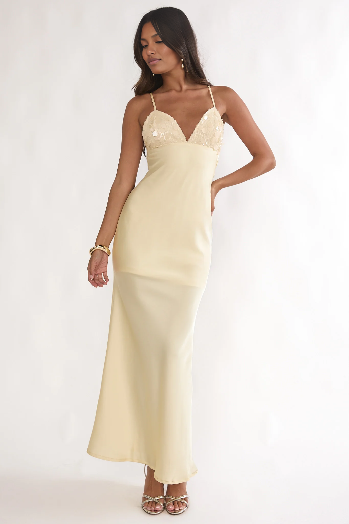 Glamorous Plunge-Neck Spaghetti Strap Sequin Satin Maxi Open-Back Formal Wedding Guest Dress