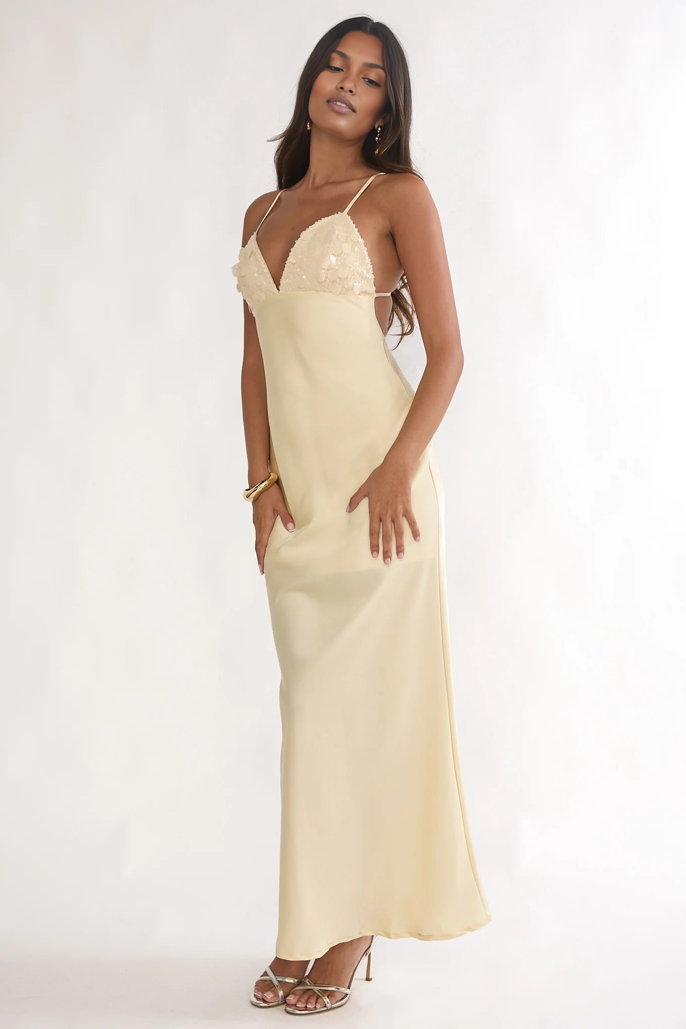 Glamorous Plunge-Neck Spaghetti Strap Sequin Satin Maxi Open-Back Formal Wedding Guest Dress