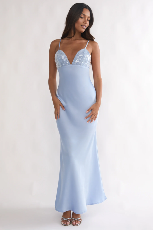 Glamorous Plunge-Neck Spaghetti Strap Sequin Satin Maxi Open-Back Formal Wedding Guest Dress