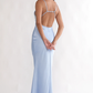 Glamorous Plunge-Neck Spaghetti Strap Sequin Satin Maxi Open-Back Formal Wedding Guest Dress