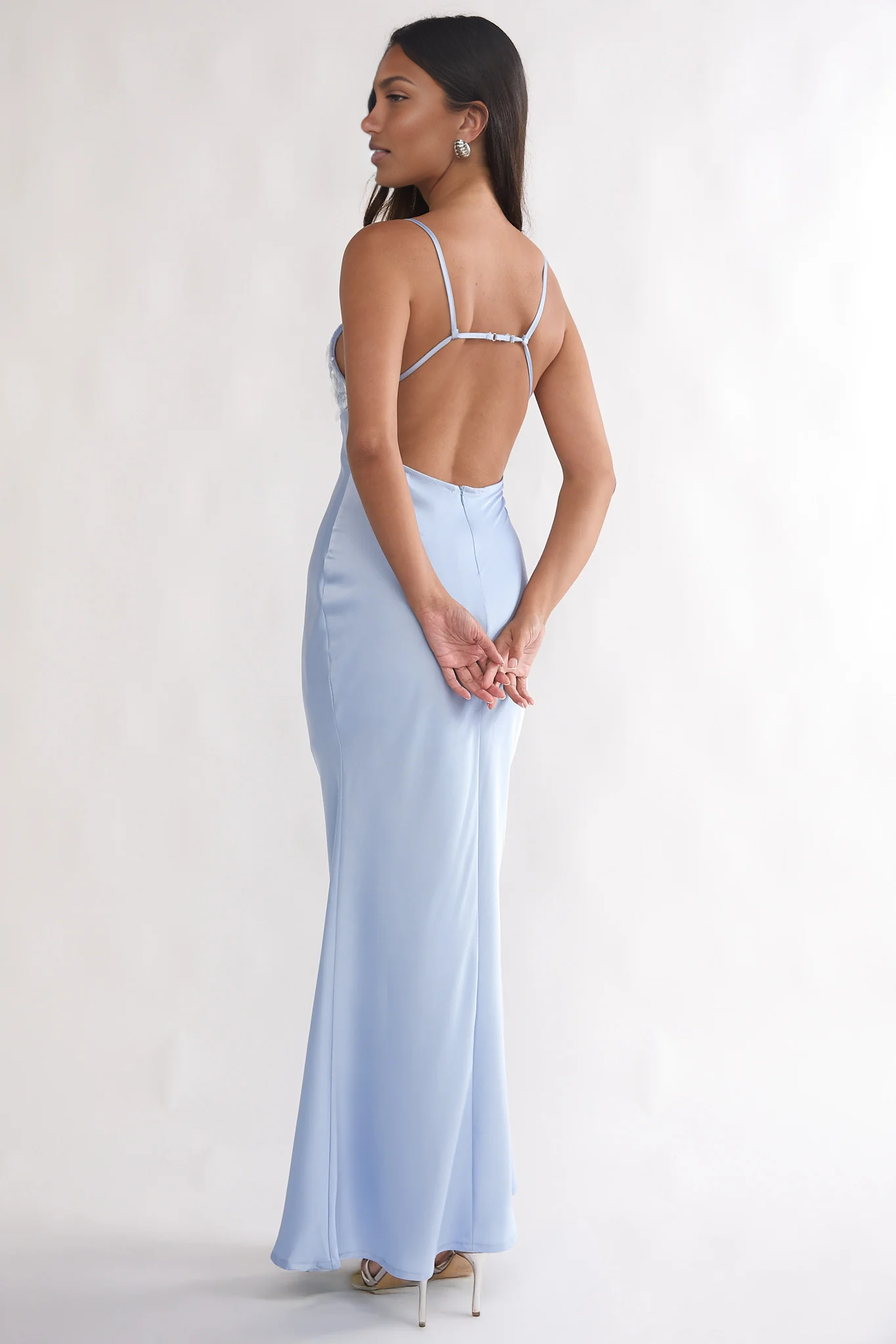 Glamorous Plunge-Neck Spaghetti Strap Sequin Satin Maxi Open-Back Formal Wedding Guest Dress