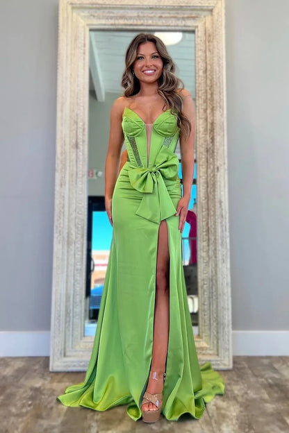 Rhinestone Satin Mermaid Strapless Corset Bow Slit Train Prom Gown