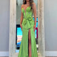 Rhinestone Satin Mermaid Strapless Corset Bow Slit Train Prom Gown