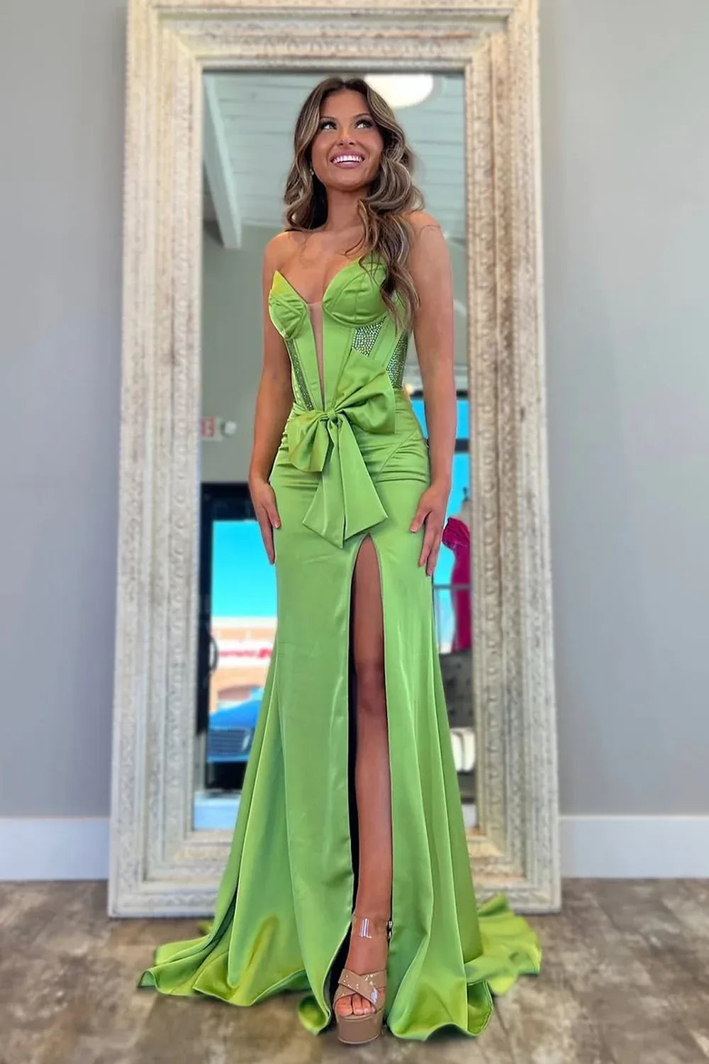 Rhinestone Satin Mermaid Strapless Corset Bow Slit Train Prom Gown