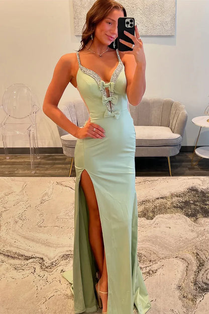 Rhinestone Strap Deep V Neck Bow Accent Cutout Satin Mermaid High Slit Floor Length Prom Evening Gown