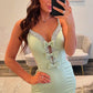 Rhinestone Strap Deep V Neck Bow Accent Cutout Satin Mermaid High Slit Floor Length Prom Evening Gown