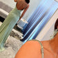 Rhinestone Strap Deep V Neck Bow Accent Cutout Satin Mermaid High Slit Floor Length Prom Evening Gown