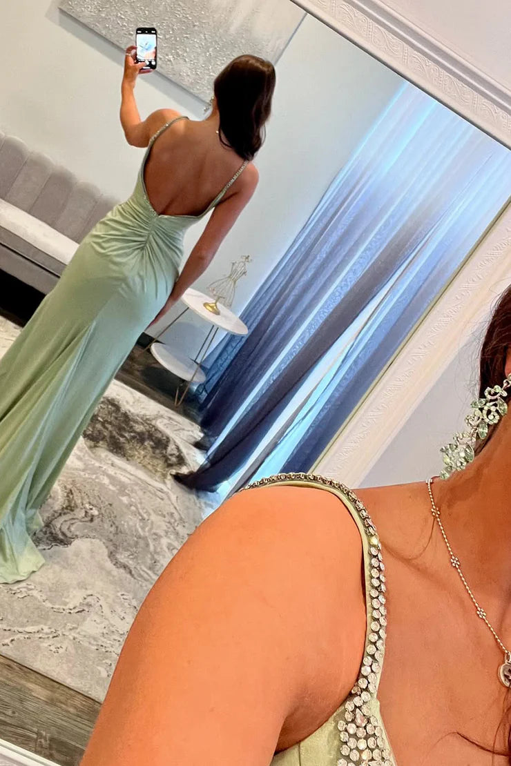 Rhinestone Strap Deep V Neck Bow Accent Cutout Satin Mermaid High Slit Floor Length Prom Evening Gown
