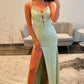Rhinestone Strap Deep V Neck Bow Accent Cutout Satin Mermaid High Slit Floor Length Prom Evening Gown
