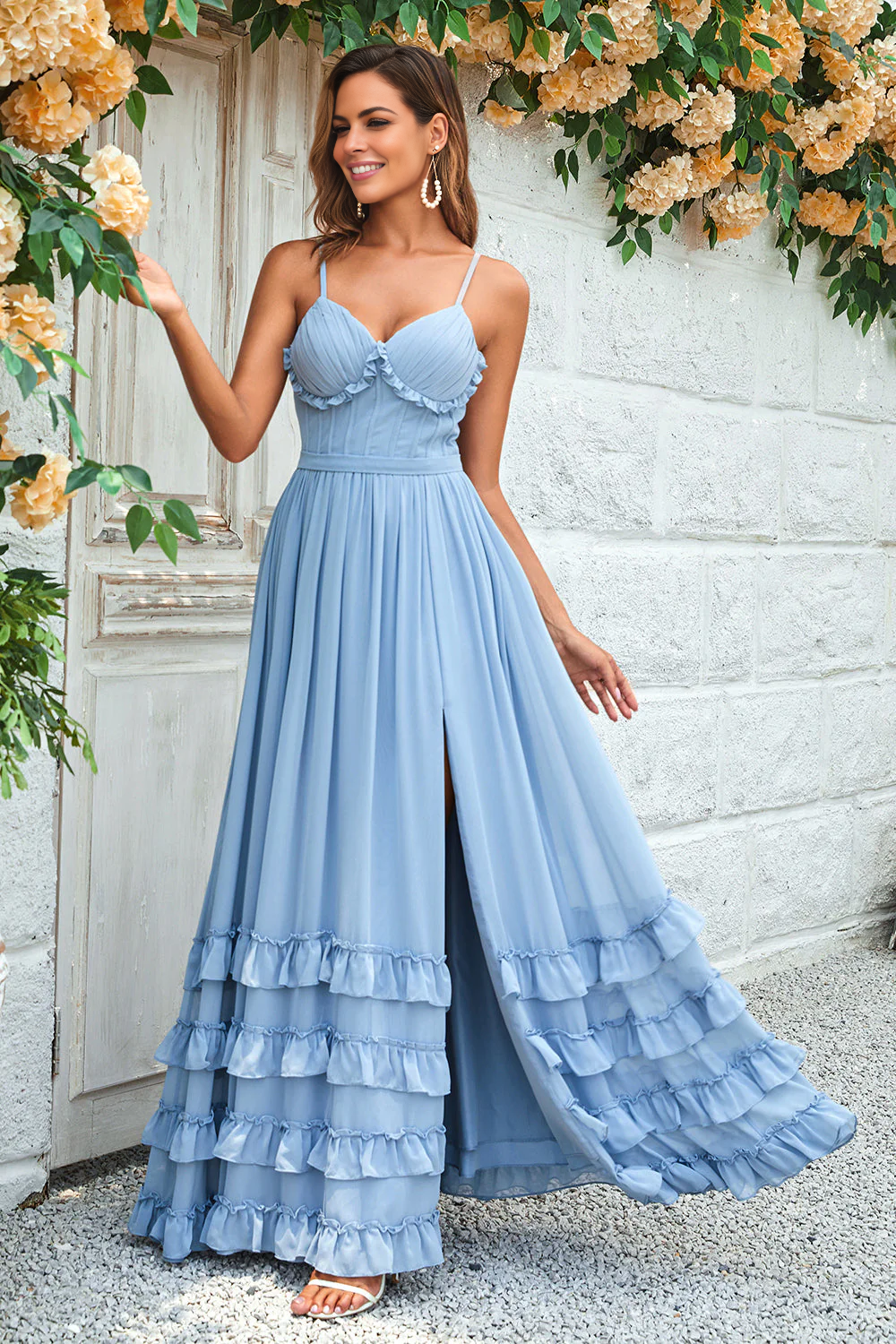 Romantic A-Line Sweetheart Sleeveless Chiffon Floor-Length High-Slit Tiered-Ruffle Prom Dress