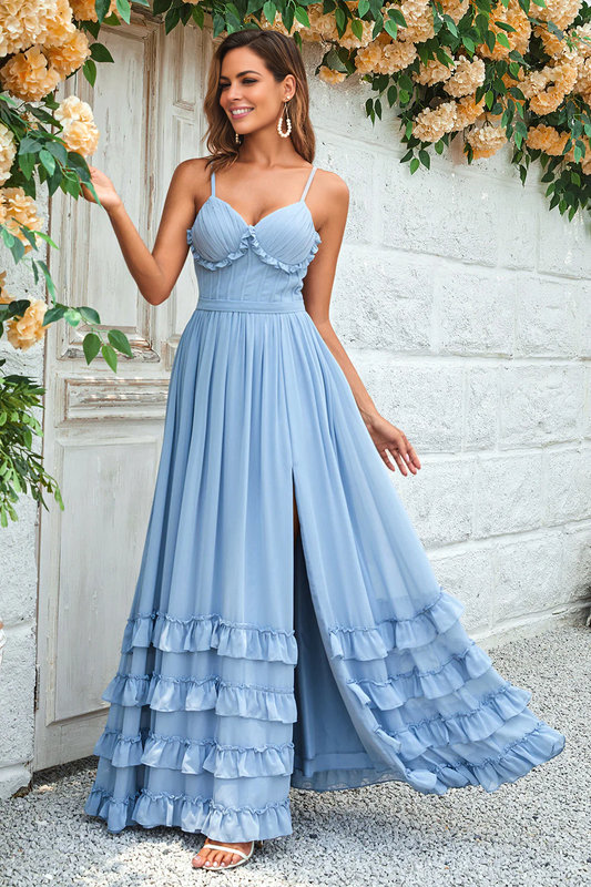 Romantic A-Line Sweetheart Sleeveless Chiffon Floor-Length High-Slit Tiered-Ruffle Prom Dress