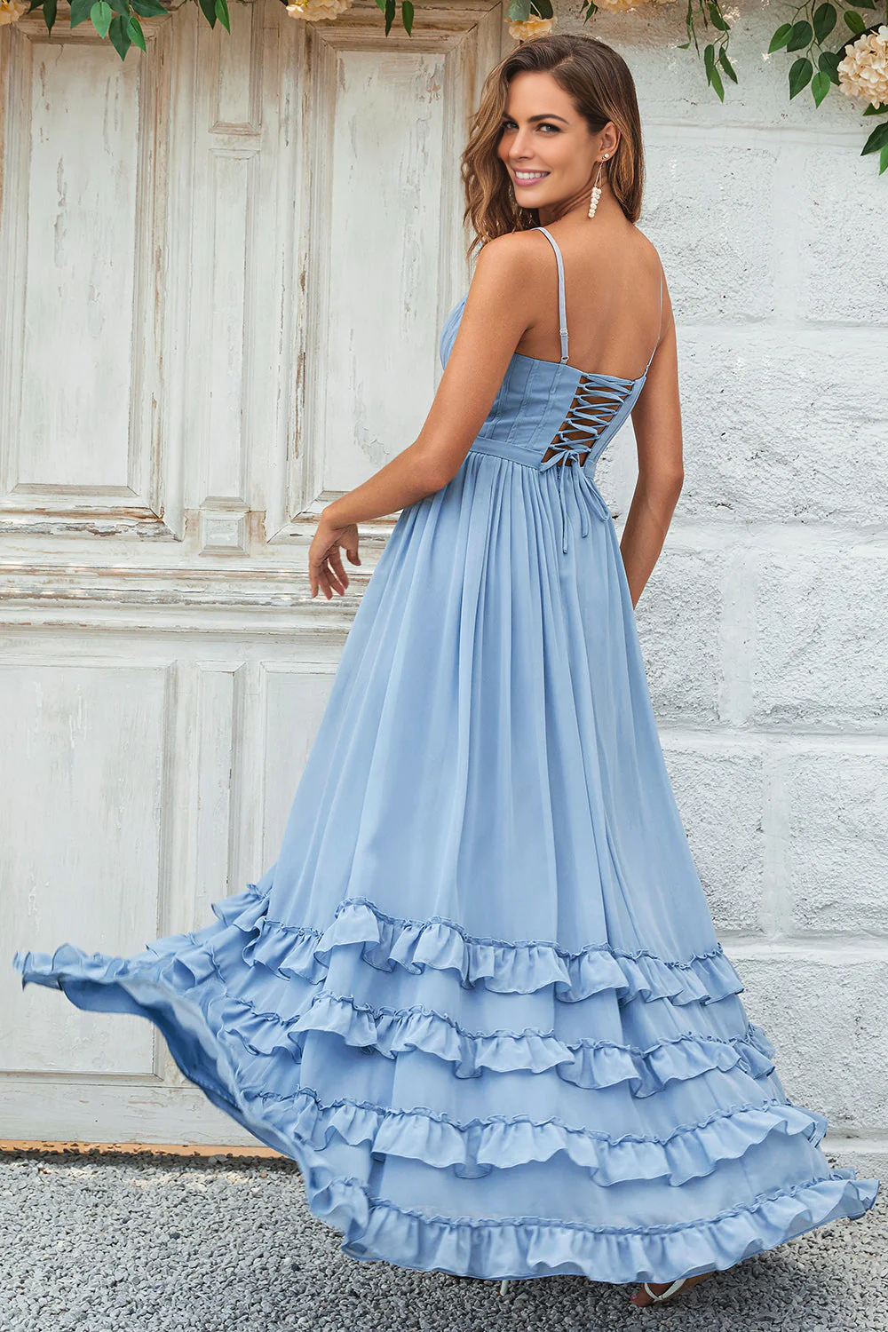 Romantic A-Line Sweetheart Sleeveless Chiffon Floor-Length High-Slit Tiered-Ruffle Prom Dress