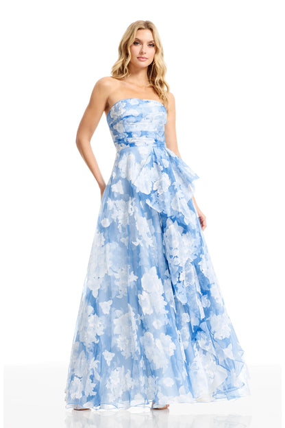 Romantic A-Line Floor-Length Strapless Straight Neck Organza Floral Fitted Waist Formal Evening Gown