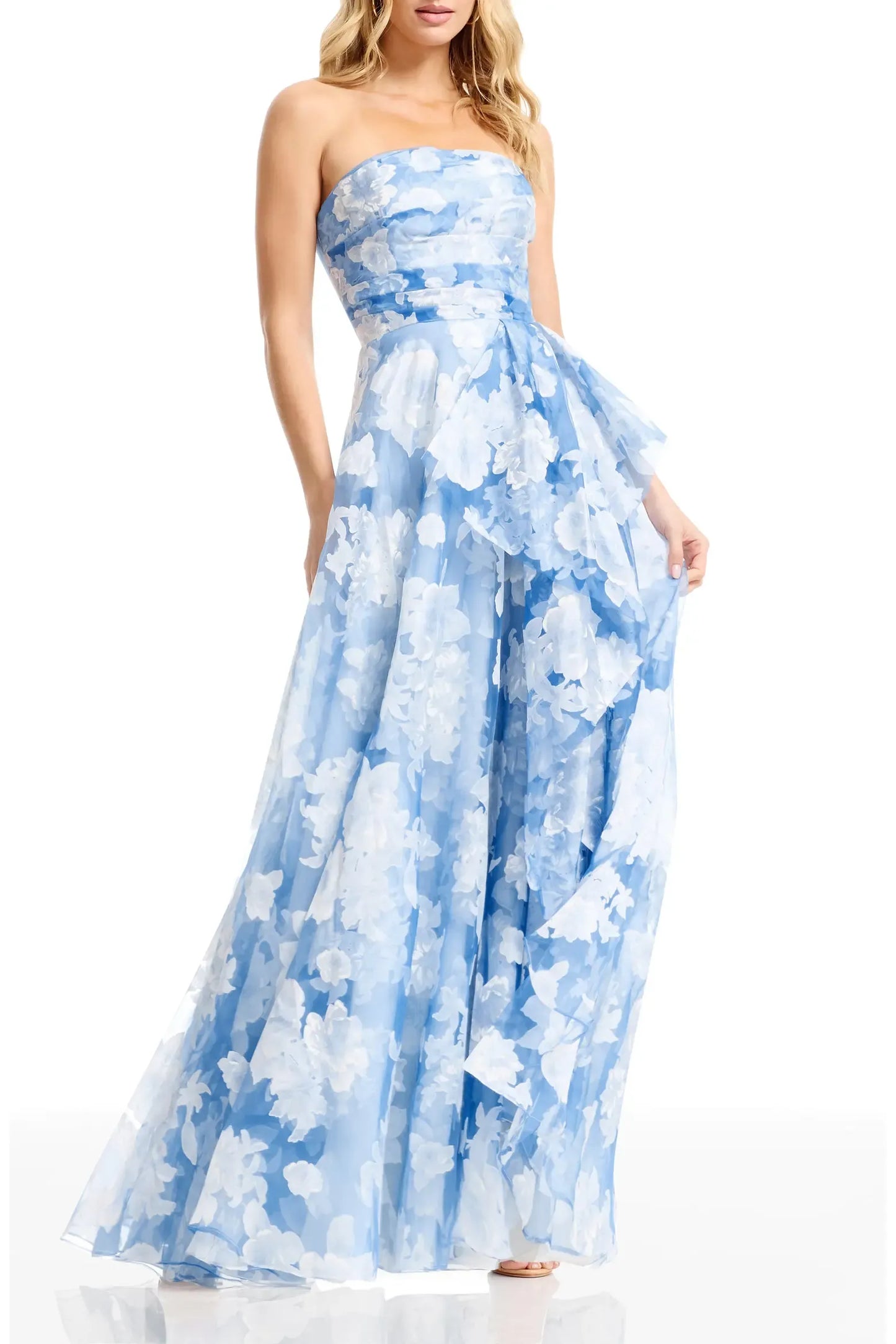 Romantic A-Line Floor-Length Strapless Straight Neck Organza Floral Fitted Waist Formal Evening Gown