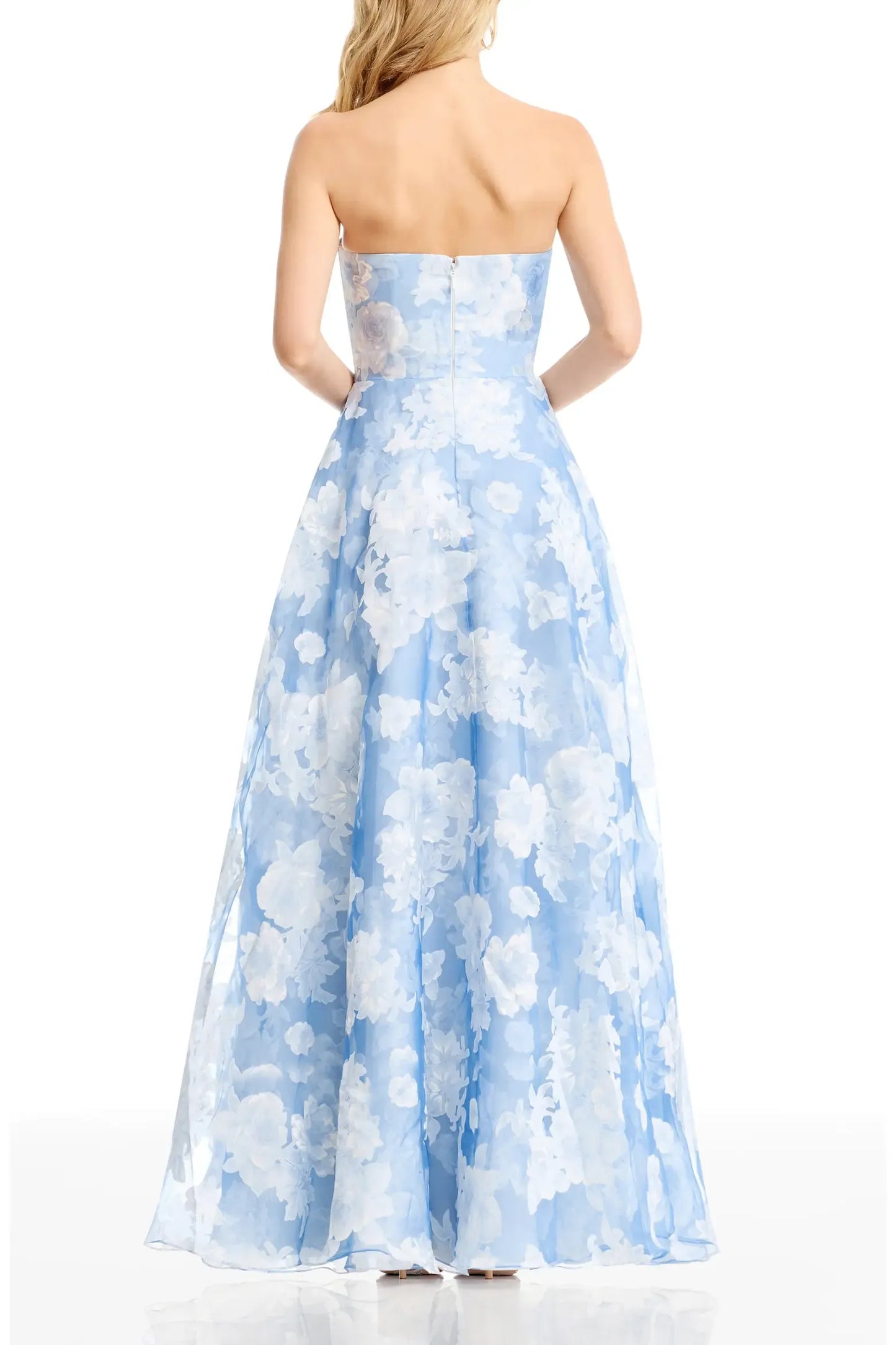 Romantic A-Line Floor-Length Strapless Straight Neck Organza Floral Fitted Waist Formal Evening Gown