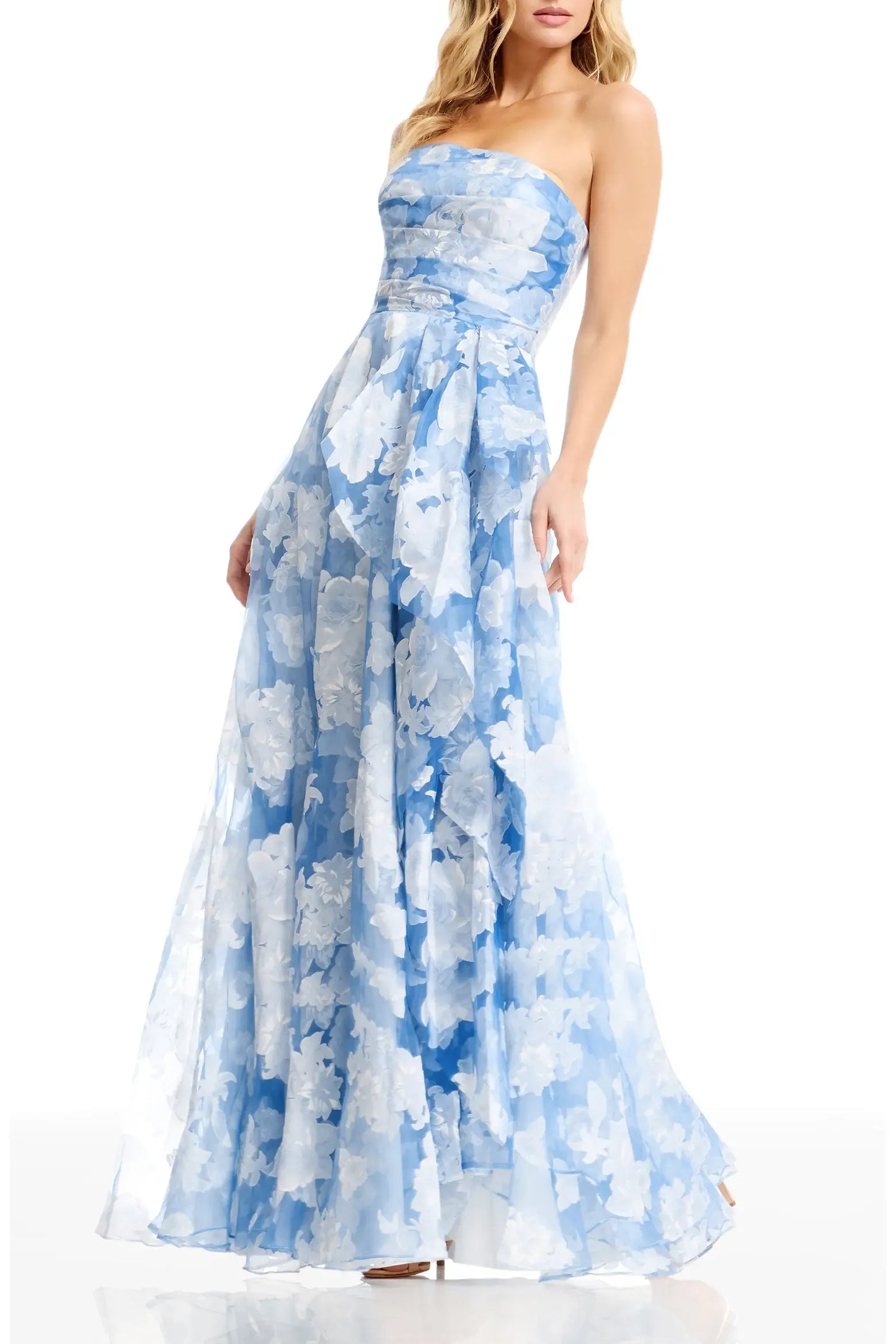 Romantic A-Line Floor-Length Strapless Straight Neck Organza Floral Fitted Waist Formal Evening Gown