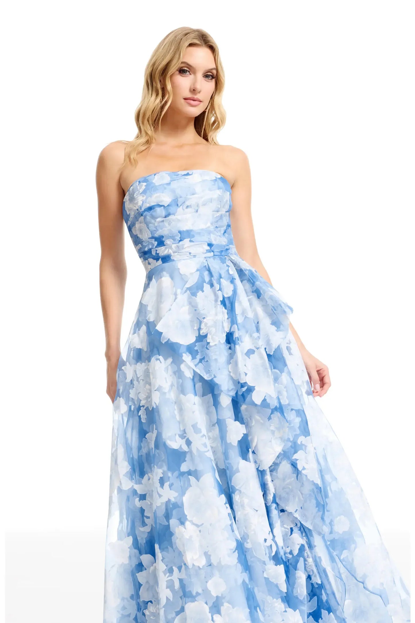 Romantic A-Line Floor-Length Strapless Straight Neck Organza Floral Fitted Waist Formal Evening Gown