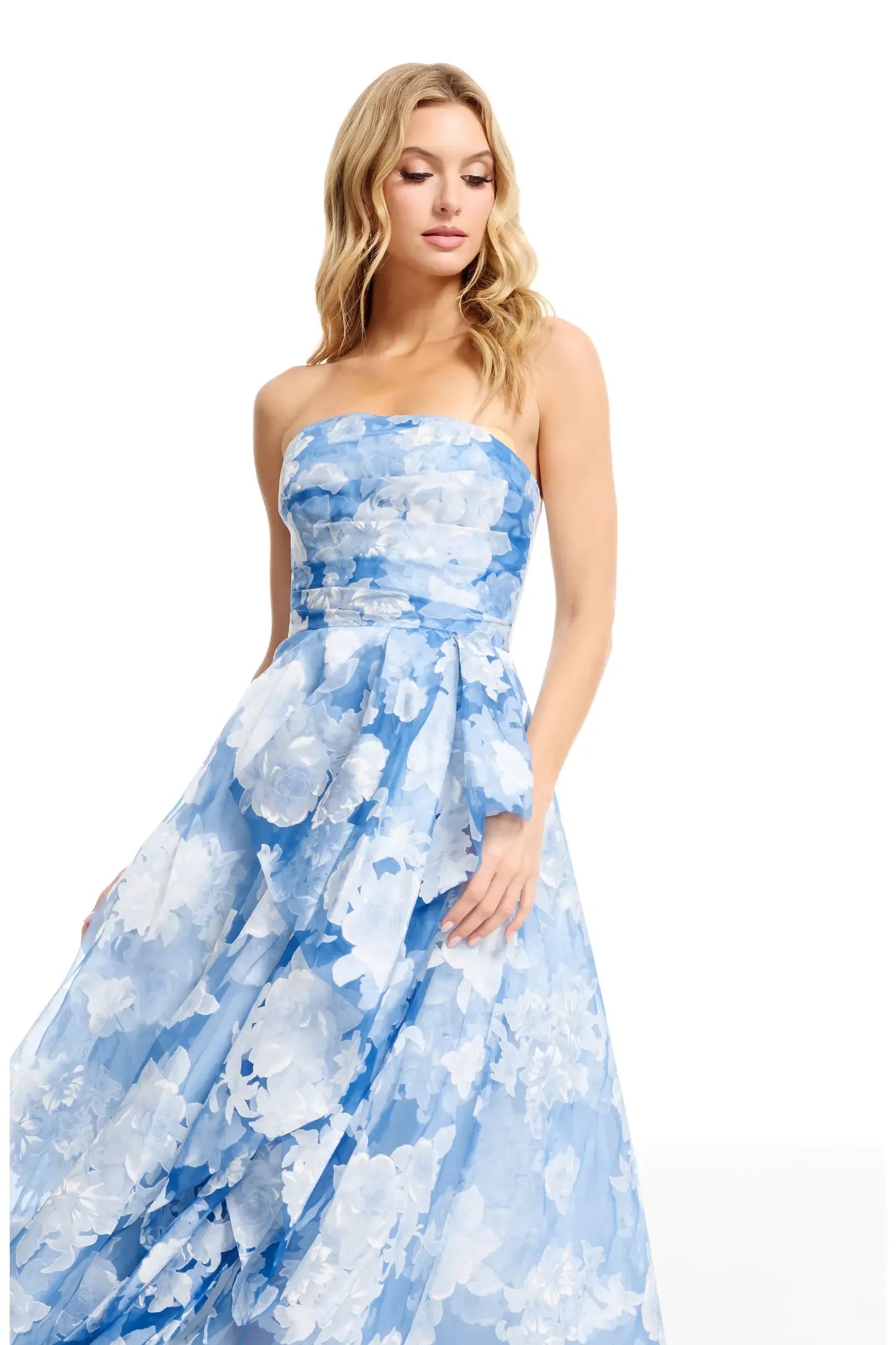 Romantic A-Line Floor-Length Strapless Straight Neck Organza Floral Fitted Waist Formal Evening Gown
