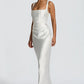 Ruched Sleeveless Satin Maxi Prom Dress With Corset Back And Scarf Detail