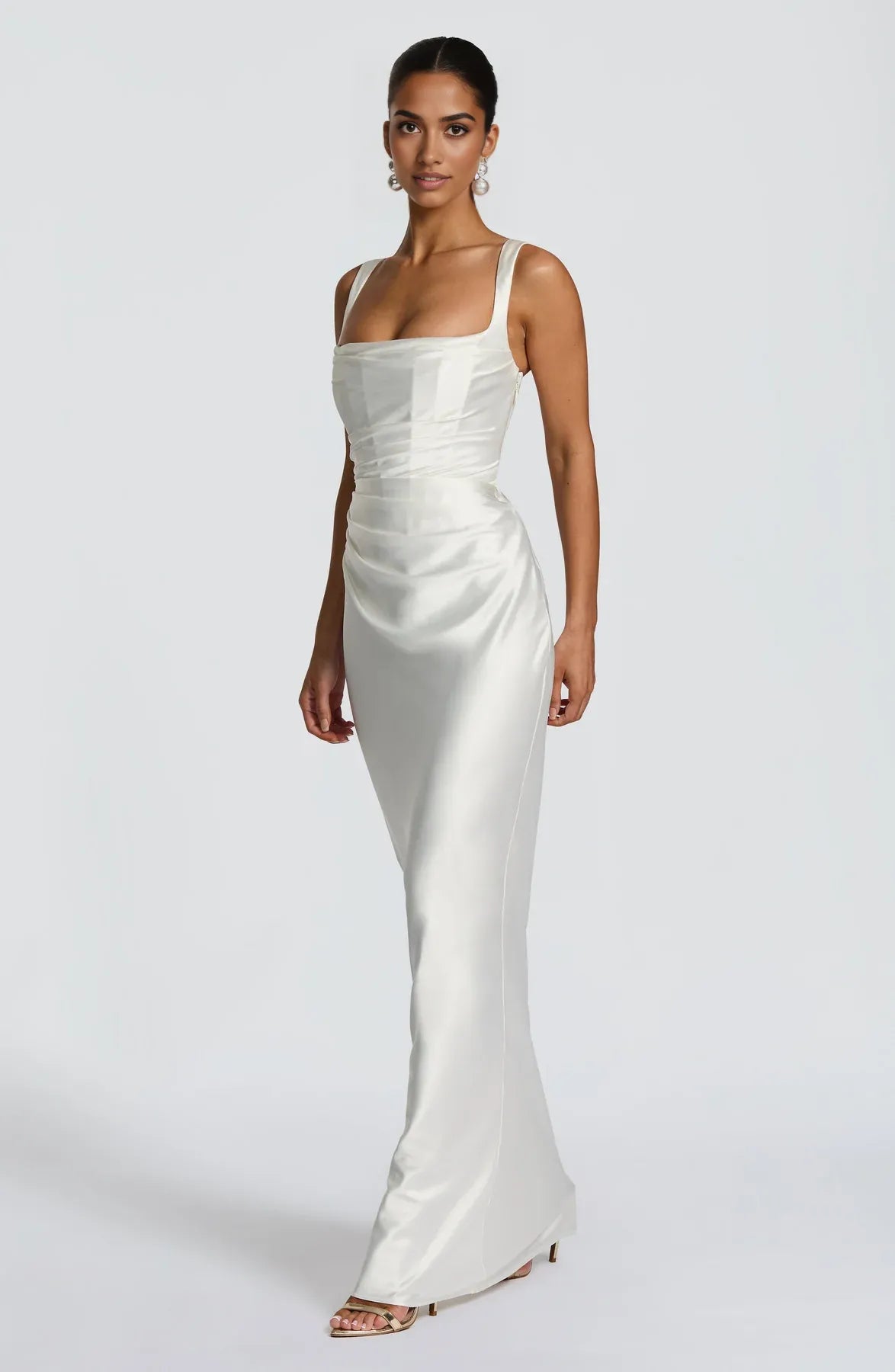 Ruched Sleeveless Satin Maxi Prom Dress With Corset Back And Scarf Detail