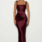 Ruched Sleeveless Satin Maxi Prom Dress With Corset Back And Scarf Detail