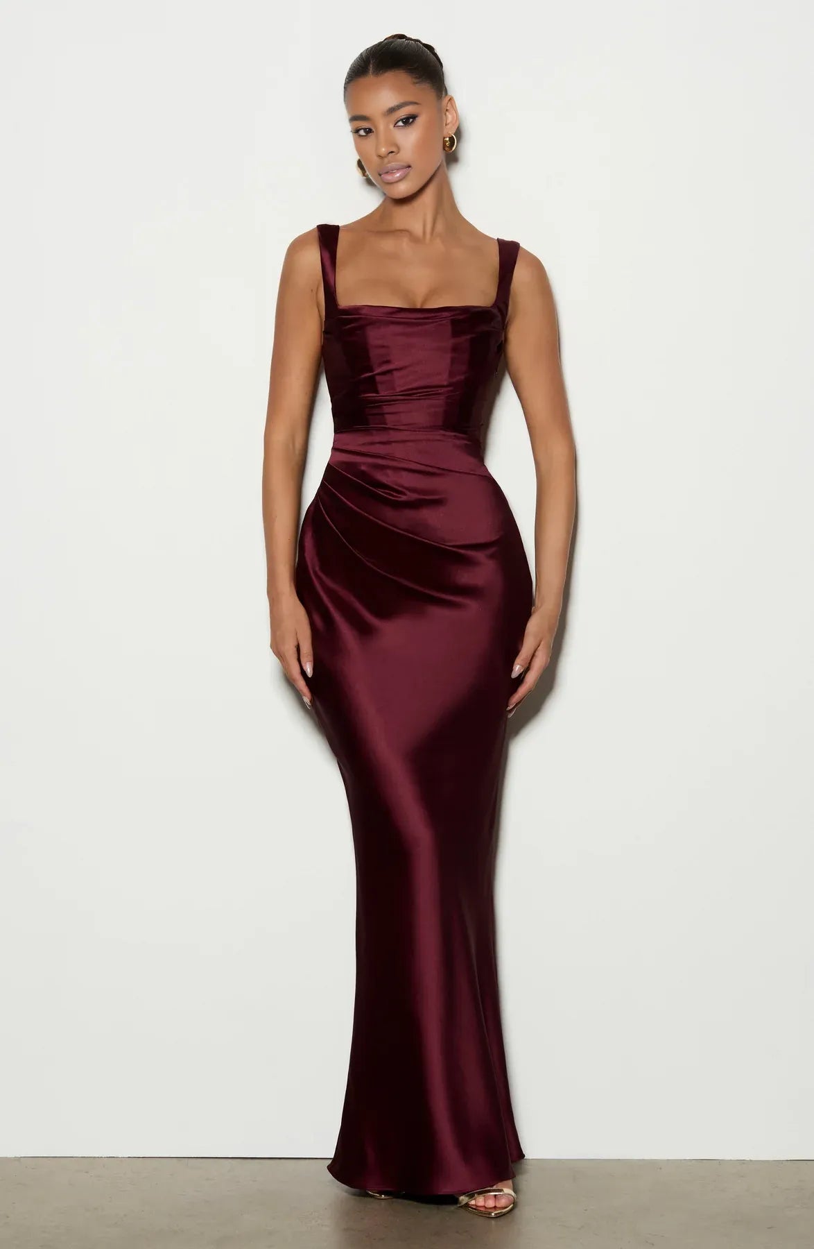 Ruched Sleeveless Satin Maxi Prom Dress With Corset Back And Scarf Detail