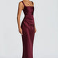 Ruched Sleeveless Satin Maxi Prom Dress With Corset Back And Scarf Detail