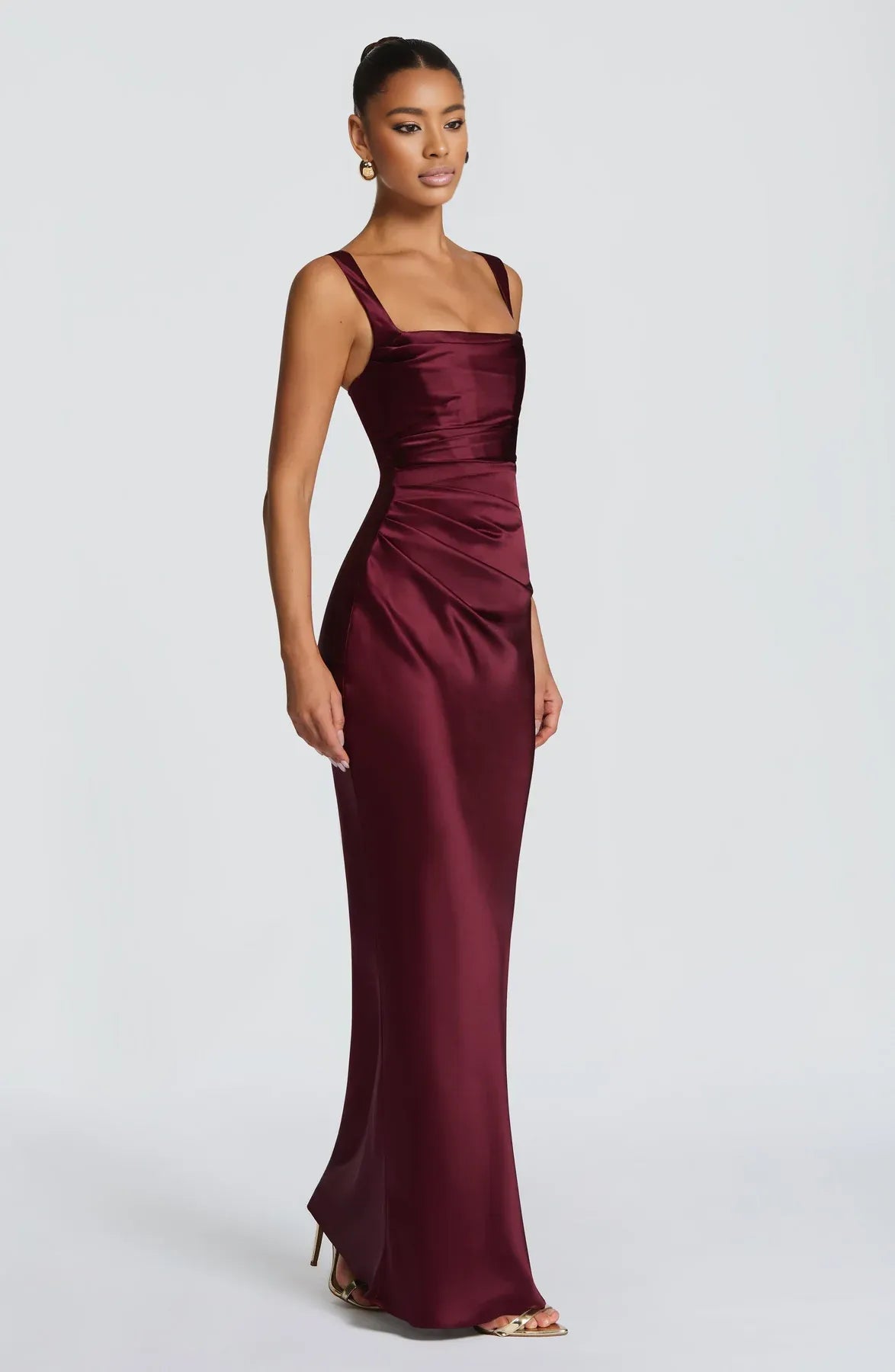 Ruched Sleeveless Satin Maxi Prom Dress With Corset Back And Scarf Detail