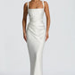 Ruched Sleeveless Satin Maxi Prom Dress With Corset Back And Scarf Detail