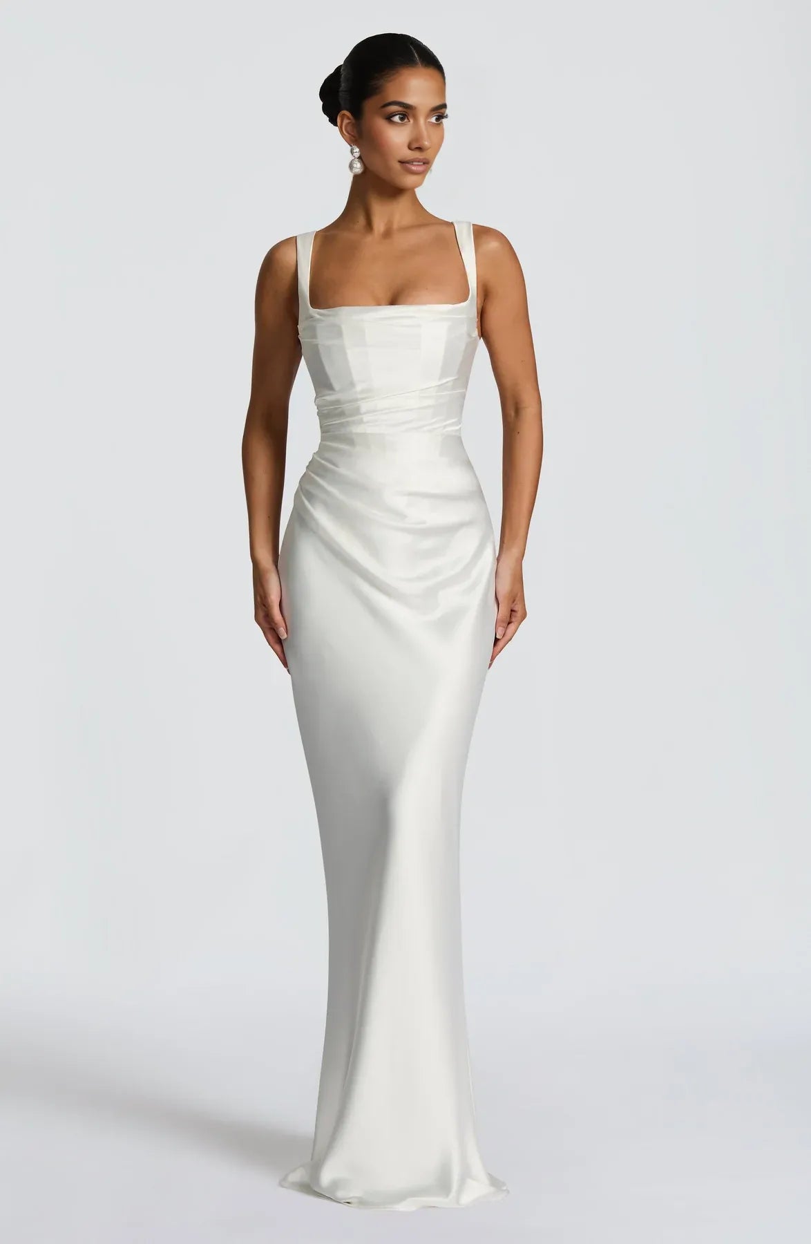 Ruched Sleeveless Satin Maxi Prom Dress With Corset Back And Scarf Detail