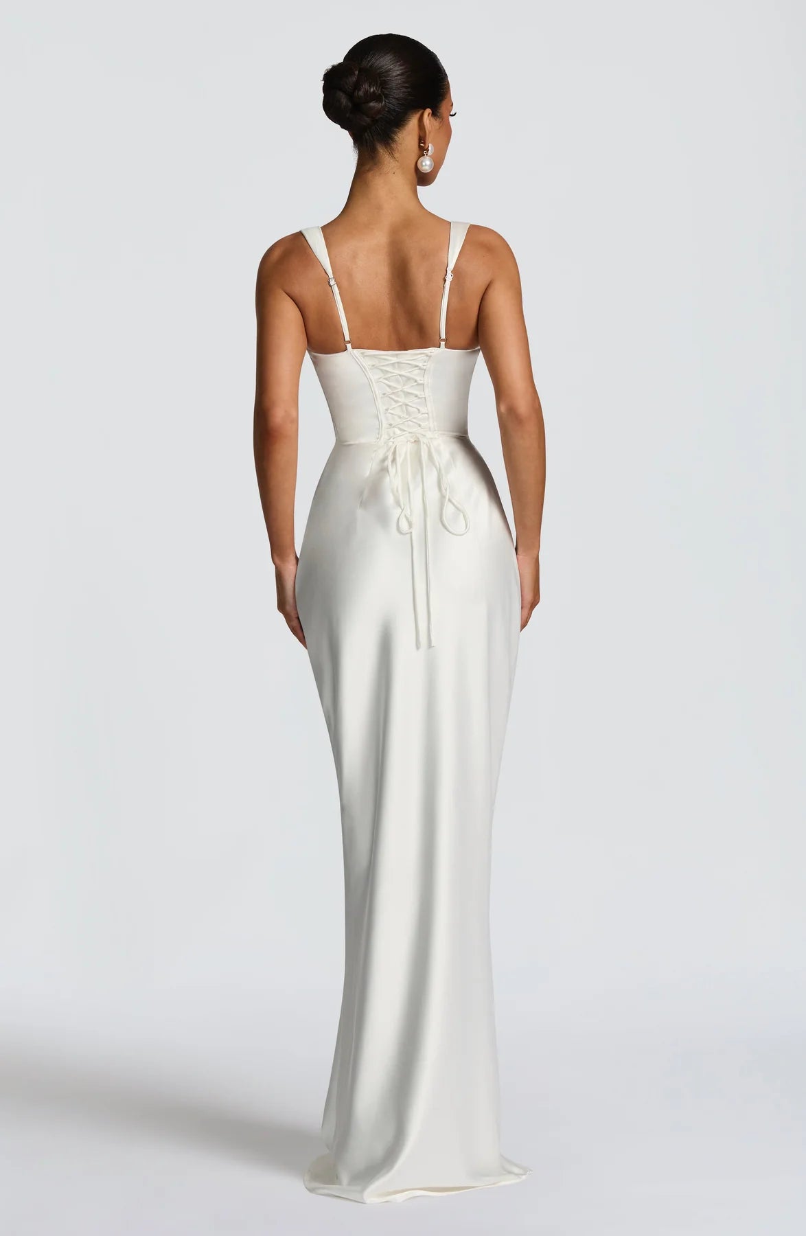 Ruched Sleeveless Satin Maxi Prom Dress With Corset Back And Scarf Detail