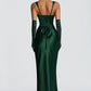 Ruched Sleeveless Satin Maxi Prom Dress With Corset Back And Scarf Detail