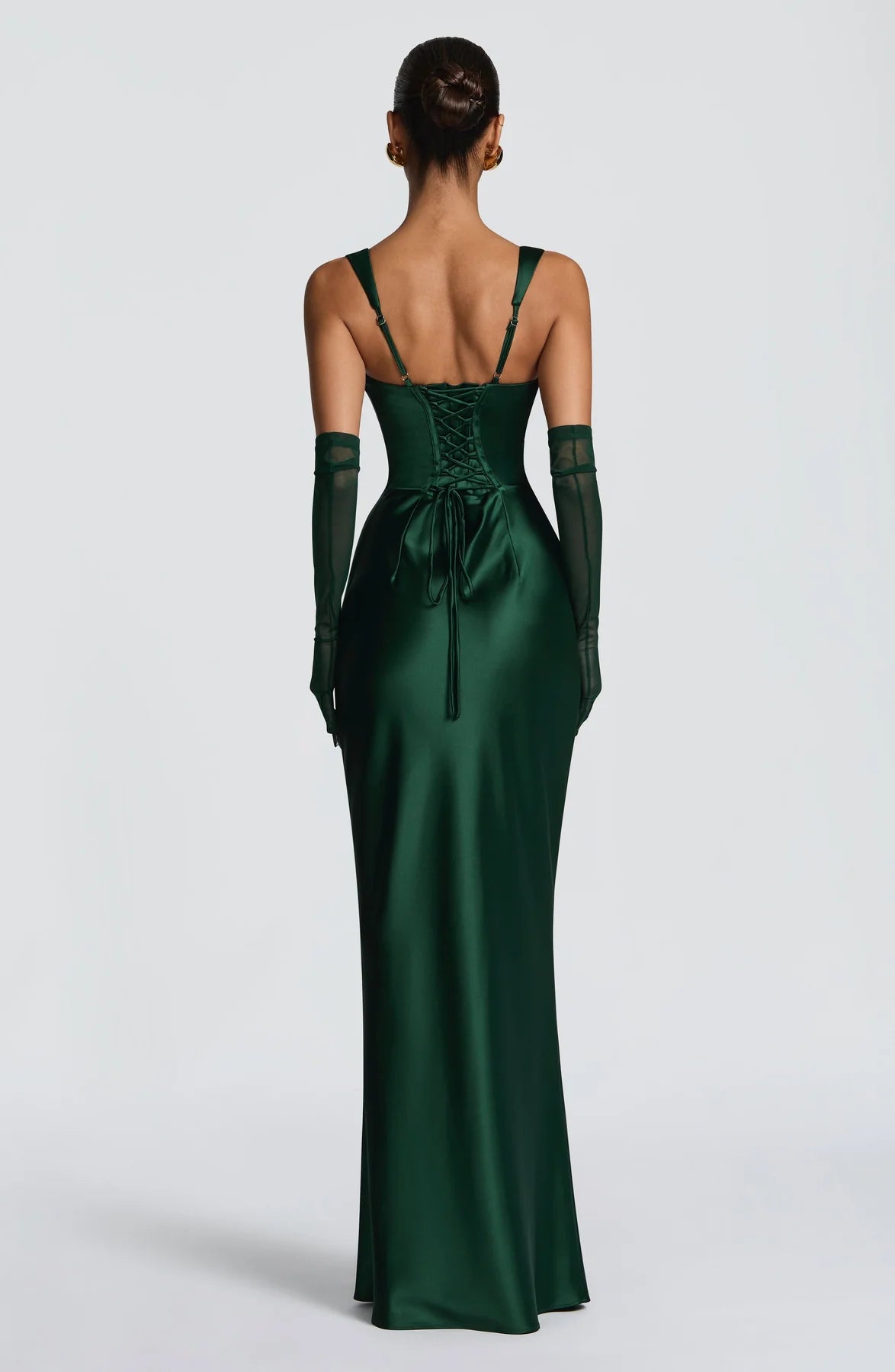 Ruched Sleeveless Satin Maxi Prom Dress With Corset Back And Scarf Detail