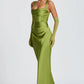 Ruched Sleeveless Satin Maxi Prom Dress With Corset Back And Scarf Detail