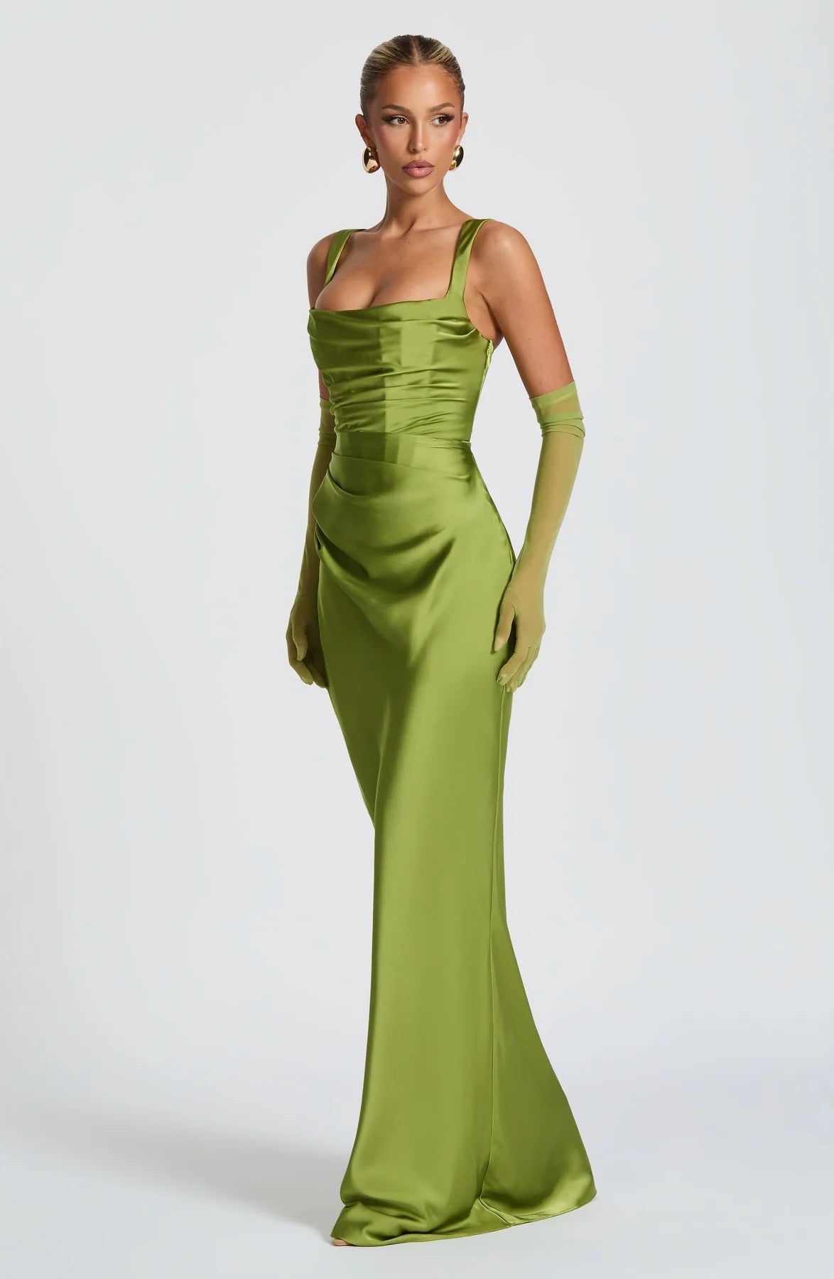 Ruched Sleeveless Satin Maxi Prom Dress With Corset Back And Scarf Detail